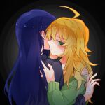  2girls ahoge black_background black_shirt blonde_hair blue_hair blush chiwawa174 closed_mouth glaring green_eyes green_sweater highres hoshii_miki hug idolmaster idolmaster_(classic) jitome kisaragi_chihaya long_hair long_sleeves looking_at_viewer multiple_girls partially_shaded_face shirt sweater upper_body yuri 