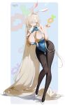  1girl absurdres animal_ears asuna_(blue_archive) asuna_(bunny)_(blue_archive) between_breasts black_pantyhose blonde_hair blue_archive blue_background blue_bow blue_bowtie blue_eyes blue_leotard bow bowtie breasts carrot carrot_background cleavage collar fake_animal_ears gloves hair_over_breasts hair_over_one_eye helic_(7317helic) high_heels highres huge_breasts leotard long_hair nail_polish no_halo official_alternate_costume pantyhose playboy_bunny rabbit_ears removing_glove smile solo thighband_pantyhose very_long_hair white_collar white_gloves 