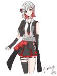  1girl alternate_costume black_jacket black_necktie black_skirt choker collared_shirt colored_inner_hair commentary_request cropped_legs flipped_hair grey_hair hair_ornament head_tilt highres i_do_me!_(love_live!) jacket link!_like!_love_live! looking_at_viewer love_live! miniskirt multicolored_hair necktie open_clothes open_jacket pink_eyes pleated_skirt red_hair roku_aya_fuyu shirt short_hair signature simple_background single_sleeve single_thighhigh skirt solo streaked_hair thighhighs virtual_youtuber white_background white_shirt x_hair_ornament yugiri_tsuzuri 