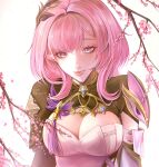  1girl blue_eyes breasts cherry_blossoms cleavage corset elf elysia_(honkai_impact) elysia_(miss_pink_elf)_(honkai_impact) frus27t hair_ornament hashtag-only_commentary highres honkai_(series) honkai_impact_3rd large_breasts long_hair looking_at_viewer pink_hair pointy_ears shrug_(clothing) solo upper_body white_corset 
