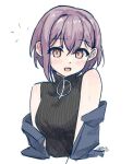  1girl bang_dream! bang_dream!_it&#039;s_mygo!!!!! black_shirt blue_jacket blush breasts brown_eyes commentary cosplay grey_hair jacket kaname_raana kaname_raana_(cosplay) looking_at_viewer medium_breasts nekohige0123 off_shoulder open_clothes open_jacket open_mouth shirt short_hair sleeveless sleeveless_shirt solo takamatsu_tomori upper_body 