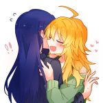  ! !! 2girls ahoge black_shirt blonde_hair blue_hair blush chiwawa174 closed_eyes green_sweater heart highres hoshii_miki hug idolmaster idolmaster_(classic) kisaragi_chihaya long_hair long_sleeves multiple_girls open_mouth shirt simple_background sweater upper_body white_background yuri 