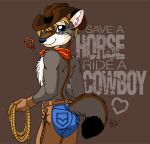 2013 anthro black_nose black_tail_tip blonde_hair blue_bottomwear blue_clothing blue_eyes blue_jeans blue_pants bottomwear brown_background brown_body brown_clothing brown_fur brown_hat brown_headwear butt canid canine canis cattle_prod cel_shading chaps clothed clothing cowboy cowboy_hat denim denim_bottomwear denim_clothing digital_drawing_(artwork) digital_media_(artwork) dipstick_tail english_text fur grey_body grey_fur grey_text hair hat headgear headwear heart_symbol holding_cattle_prod holding_object holding_rope inner_ear_fluff innuendo jeans kerchief looking_at_viewer looking_back looking_back_at_viewer male mammal markings michele_light neckerchief neckwear orange_kerchief orange_neckerchief pants rear_view rope shaded short_hair simple_background smile snout solo standing tail tail_markings text topless tuft white_body white_fur white_inner_ear_fluff wolf