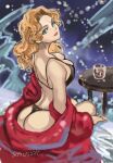  1girl ass bed black_thong blonde_hair blue_eyes char&#039;s_counterattack cup drinking_glass gundam highres long_hair looking_at_viewer nanai_miguel okrdisk2000 on_bed round_table solo table underwear 
