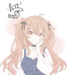  1girl :3 ahoge black_choker black_ribbon blue_dress chame_(myyo04) choker closed_mouth dated dress hair_intakes hair_ribbon kantai_collection long_hair long_sleeves looking_at_viewer murasame_(kancolle) orange_eyes orange_hair ribbon shirt signature simple_background smile solo two_side_up white_background white_shirt 