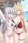  2girls alternate_costume animal_ears bare_arms bare_shoulders bikini blonde_hair blue_archive blue_eyes breasts cleavage dog_ears dog_girl grey_eyes grey_hair hair_over_one_eye hand_on_another&#039;s_waist highres kanna_(blue_archive) konoka_(blue_archive) large_breasts long_hair looking_at_viewer lower_teeth_only multiple_girls mzrz navel ocean open_mouth red_bikini sharp_teeth sidelocks stomach swimsuit teeth thigh_strap v white_bikini 