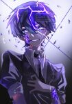  1boy absurdres alternate_costume arm_at_side black_necktie clutching_chest collar collared_shirt contemporary cracked_skin crystal_shards eyeliner eyeshadow formal_clothes gem genshin_impact glint glowing glowing_eyes hair_between_eyes hand_on_own_chest hand_up highres houseki_no_kuni jacket lapels looking_at_viewer makeup male_focus necktie nero_hanken parted_lips puffy_sleeves purple_eyes purple_gemstone purple_hair purple_sleeves purple_suit purple_theme red_eyeliner red_eyeshadow scaramouche_(genshin_impact) shirt short_sleeves smile solo suit suit_jacket teardrop tears upper_body watermark white_collar white_mouth white_shirt 