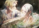  1boy 1girl bath bathtub blonde_hair blue_eyes breasts clothed_male_nude_female dimitri_alexandre_blaiddyd edelgard_von_hresvelg fire_emblem fire_emblem:_three_houses grey_hair highres lens_flare looking_at_another medium_breasts nude parted_bangs purple_eyes shirt short_hair sleeves_rolled_up soma_otakuu sweat tile_floor tiles water white_shirt 