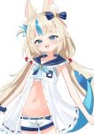 1girl absurdres ahoge animal_ear_fluff animal_ears bikini bikini_under_clothes blue_bikini blue_bow blue_eyes blue_hair blue_scrunchie bow breasts cat_ears dress fang fins fish_girl fish_tail hair_bow highres indie_virtual_youtuber long_hair low_twintails multicolored_hair open_mouth sameko_saba scrunchie short_shorts shorts skin_fang sleeveless sleeveless_dress small_breasts smile solo streaked_hair swimsuit tail twintails u_kome very_long_hair virtual_youtuber white_dress white_shorts 