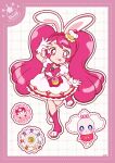  1girl :p animal_ears animal_shoes boots border bow bowtie choker closed_mouth compact_(cosmetics) cosmetics cupcake cure_whip deformed dog dot_nose dotted_line dress earrings floppy_ears food food-themed_clothes food-themed_hair_ornament food_print frilled_dress frilled_sleeves frills fruit_print full_body gloves grid_background hair_ornament hairband hand_on_own_head happy high_heel_boots high_heels highres jewelry kirakira_precure_a_la_mode knee_boots leg_up long_hair magical_girl outline pekorin_(precure) pink_bag pink_border pink_bow pink_bowtie pink_choker pink_eyes pink_hair pink_hairband pom_pom_(clothes) pom_pom_earrings precure puffy_short_sleeves puffy_sleeves rabbit_ears rabbit_girl short_dress short_sleeves sign signature smile square_neckline strawberry_brooch strawberry_print tareme tongue tongue_out twintails two-tone_bag usami_ichika uwded_207 very_long_hair waist_bag waist_bow wavy_hair white_background white_dress white_gloves white_outline yellow_bag 