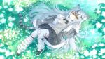  1girl animal_ear_fluff animal_ears black_hair black_shoes blush cat_ears cat_girl cat_tail chinese_commentary closed_mouth commentary_request gauze_on_knee green_eyes grey_hair hair_ornament highres long_hair long_sleeves loose_socks lying mismatched_socks multicolored_hair on_back on_grass original shoes skirt socks solo streaked_hair striped_clothes striped_socks tail two-tone_hair white_socks x_hair_ornament yottacc 
