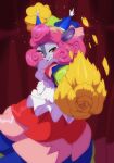 2025 absa anthro bovid caprine clothing curly_hair curtains dancing digital_media_(artwork) dreams_of_aether dress female frilly frilly_clothing frilly_dress fur goat hair hi_res juzztie looking_at_viewer mammal multicolored_clothing orange_eyes pink_hair purple_body purple_fur rivals_of_aether solo stage