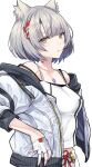  1girl absurdres animal_ears bob_cut breasts camisole cat_ears cat_girl chest_jewel commentary highres jacket mio_(xenoblade) neck_tattoo red_ribbon revision ribbon simple_background skirt small_breasts solo tattoo white_background white_camisole white_hair white_jacket white_skirt xenoblade_chronicles_(series) xenoblade_chronicles_3 yellow_eyes yuuki_shin 