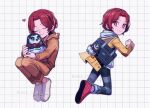  1boy artist_name bag bird closed_eyes closed_mouth english_commentary goggles goggles_around_neck heart highres hood hood_down hooded_jacket hugging_doll hugging_object jack_7274 jacket looking_at_viewer lufel_(p5x) male_focus multiple_views onesie owl persona persona_5 persona_5:_the_phantom_x red_hair red_shoes shoes shoulder_bag smile socks stuffed_animal stuffed_toy white_socks wonder_(p5x) yellow_jacket 