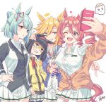  4girls animal_ears black_hair blonde_hair blunt_bangs breasts brown_eyes drill_hair eclair_milk fujimasa_march_(umamusume) glasses green_hair grin hand_on_own_hip highres holding holding_phone holding_stuffed_toy horse_ears horse_girl horse_tail minnie_the_lady_(umamusume) multiple_girls norn_ace_(umamusume) oguri_cap_(umamusume) phone rudy_lemono_(umamusume) selfie sharp_teeth shirt side_drill skirt smile stuffed_toy tail teeth thighhighs umamusume umamusume:_cinderella_gray white_background white_shirt white_skirt white_thighhighs yellow_eyes 