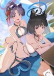  1boy 2girls all_fours animal_ear_fluff animal_ears bare_arms bare_shoulders black_hair black_nails blue_archive blush book book_on_head breasts cat_ears cat_girl cat_tail cleavage closed_mouth doodle_sensei_(blue_archive) eyewear_on_head fang flower hair_flower hair_ornament iseshi kikyou_(blue_archive) kikyou_(swimsuit)_(blue_archive) large_breasts long_hair lying multiple_girls multiple_tails navel object_on_head official_alternate_costume official_alternate_hairstyle on_side open_mouth parted_bangs ponytail purple-framed_eyewear purple_eyes purple_hair red_flower sensei_(blue_archive) short_hair skin_fang smile stomach sunglasses tail two_tails yukari_(blue_archive) yukari_(swimsuit)_(blue_archive) 