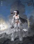  1girl absurdres arowana2111 belt black_hair breasts cleavage english_commentary full_body goggles goggles_on_head gun gun_on_back highres holding holding_case holding_walkie-talkie original rifle robot_girl rubble scenery short_hair solo standing walkie-talkie weapon weapon_on_back 