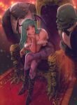  1girl 2boys animal_print aqua_eyes aqua_hair bare_shoulders bat_print bat_wings black_boots blunt_bangs boots bow bowtie breasts cleavage colored_skin crossed_legs darkstalkers demon_girl demon_wings detached_sleeves fujii_eishun fur-trimmed_sleeves fur_trim green_eyes green_hair green_skin head_rest head_wings high_heel_boots high_heels highres large_breasts leotard long_hair looking_at_viewer monster_boy morrigan_aensland multiple_boys pantyhose pointy_ears print_pantyhose purple_pantyhose sharp_teeth sitting strapless teeth throne unamused wings yellow_eyes 