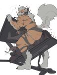 anal anthro arcanine balls black_body black_fur black_nose bodily_fluids butt claws clothed clothing duo ear_piercing eyes_closed facesitting fluffy fluffy_tail fur generation_1_pokemon genital_fluids genitals gym heart_symbol hi_res humanoid_genitalia hybrid jockstrap jockstrap_only ledange leg_press leg_press_redraw_(meme) male male/male mammal mane masturbation meme multicolored_body multicolored_fur nintendo nude nude_anthro nude_male oral penis piercing pointy_ears pokemon pokemon_(species) precum rimming ring sex simple_background sitting_on_another striped_body striped_fur stripes tail throbbing throbbing_penis toe_claws topless two_tone_body two_tone_fur underwear underwear_only vampire