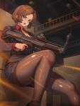  1girl absurdres artist_name blue_eyes breasts brown_hair bullpup chance8000 cleavage commentary commission english_commentary firing gun highres kel-tec_ksg office_lady original pantyhose pencil_skirt pump_action shotgun skirt smoke smoking_barrel taking_cover thighband_pantyhose torn_clothes torn_pantyhose weapon 