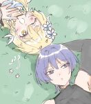  1boy 1girl arm_behind_head arm_up armpits black_bodysuit black_bridal_gauntlets black_gloves blonde_hair blue_flower blue_scarf blunt_ends bodysuit bridal_gauntlets covered_collarbone eyelashes eyeliner eyeshadow feather_hair_ornament feathers fingernails flower genshin_impact gloves hair_between_eyes hair_flower hair_ornament highres looking_at_viewer looking_to_the_side looking_up lumine_(genshin_impact) lying makeup mandarin_collar nonameoekaki on_back on_grass one_eye_closed open_hand partially_fingerless_gloves purple_eyes purple_hair red_eyeliner red_eyeshadow scaramouche_(genshin_impact) scarf short_hair short_hair_with_long_locks sidelocks tareme tsurime wanderer_(genshin_impact) white_feathers wispy_bangs yellow_eyes 