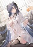  1girl 1nstill absurdres august_von_parseval_(azur_lane) august_von_parseval_(the_unhulde&#039;s_midday_respite)_(azur_lane) azur_lane black_choker black_garter_straps black_horns black_thighhighs blush breasts choker cleavage cross cross_choker curled_horns garter_straps hair_over_one_eye highres horns large_breasts long_hair looking_at_viewer manjuu_(azur_lane) mechanical_horns navel official_alternate_costume one_eye_covered parted_lips purple_eyes purple_hair see-through_clothes see-through_shirt shirt sidelocks sitting solo thighhighs very_long_hair white_shirt 