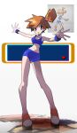  1girl :o bikini blue_bikini blue_eyes blue_hairband breasts full_body hairband highres long_legs medium_breasts medium_hair misty_(pokemon) navel no_socks orange_hair outstretched_arms pixel_art pokemon pokemon_frlg red_(pokemon) red_shoes shakeeeeeeeee shoes shorts side_ponytail solo sports_bikini spread_arms standing swimsuit wristband 