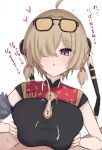  1boy 1girl acht_ao bar_censor breasts brown_hair censored cum ejaculation eyewear_on_head grabbing_own_breast hair_over_one_eye heart highres large_breasts looking_at_viewer out_of_frame paid_reward_available paizuri paizuri_under_clothes parted_lips penis pov purple_eyes simple_background sleeveless sweety_(zenless_zone_zero) tinted_eyewear translation_request white_background yellow-tinted_eyewear zenless_zone_zero 