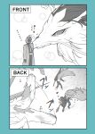  1other 2girls belt clock coat collared_shirt don_quixote_(project_moon) dragon e.g.o_(project_moon) eastern_dragon fire gloves greyscale highres holding holding_mace holding_polearm holding_weapon hong_lu_(project_moon) ishmael_(project_moon) lance lapels limbus_company mace maki_maki_(makimakipoipoi) monochrome multiple_girls necktie notched_lapels object_head pants petting polearm project_moon shirt tail tail_wagging tears_of_the_tarnished_blood_(e.g.o) translation_request weapon yinglong_(project_moon) 