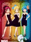  black_dress blonde_hair blue_eyes blue_hair bow detached_sleeves dress drill_hair hair_bow hair_ornament high_heels highres kyubey lace_background long_hair mahou_shoujo_madoka_magica miki_sayaka multiple_girls official_art ponytail rainbow_background red_eyes red_hair sakura_kyoko short_hair smile tomoe_mami twin_drills 