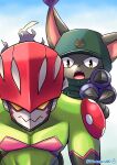  absurdres animal_hands animal_print bicycle_helmet blacktailmon_uver. brown_eyes cat_print claws closed_mouth commentary_request digimon digimon_(creature) gloves gradient_background green_hoodie grey_hair helmet highres hood hood_up hoodie looking_at_viewer open_mouth pistmon pointing pointing_at_viewer print_hoodie purple_gloves red_helmet signature teeth twitter_username upper_teeth_only watagashikn 