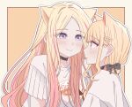  2girls animal_ears black_bow black_choker blonde_hair blush bow cat_ears cat_girl choker closed_mouth fang fujita_kotone gakuen_idolmaster hair_bow highres idolmaster juo_sena kemonomimi_mode kousaka_0v0 long_hair looking_at_another multiple_girls orange_eyes parted_lips pink_hair purple_eyes shirt short_sleeves skin_fang smile sweatdrop upper_body white_shirt yuri 
