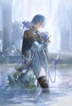  1boy absurdres black_boots black_capelet black_gloves blue_eyes blue_flower blue_gemstone blue_hair blue_ribbon bodysuit boots capelet commentary edmond_(nu_carnival) epaulettes feet_out_of_frame fern flower gem gloves gtcpst hair_between_eyes hair_down half_gloves hand_on_own_chest highres holding holding_flower iris_(flower) long_hair long_sleeves looking_at_viewer male_focus nu_carnival pillar plant planted planted_sword ribbon rubble ruins sash shoulder_sash sideways_glance solo standing sword symbol-only_commentary thigh_boots torn_capelet torn_clothes wading water weapon white_bodysuit white_flower wooden_horse 