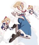  3girls absurdres alice_margatroid blonde_hair blue_dress blue_eyes boots bow bowtie brown_boots capelet commentary dress frilled_capelet frilled_dress frilled_hairband frills full_body hair_bow hairband highres holding holding_sword holding_weapon jitome kame_(kamepan44231) lace-up_boots multiple_girls open_mouth red_bow red_bowtie red_hairband red_ribbon red_shoes ribbon shanghai_doll shoes short_hair short_sleeves simple_background sword touhou waist_ribbon weapon white_background white_capelet wrist_cuffs zoom_layer 