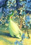 bob_cut colored_skin dress fanmaiji_tesu flower gardevoir green_hair green_skin highres looking_at_viewer looking_back multicolored_skin parted_lips pink_eyes pokemon pokemon_(creature) two-tone_skin white_dress white_skin 