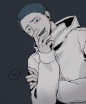  1boy blue_eyes blue_hair commentary furrowed_brow grey_background hand_on_own_arm hand_up hood hood_down hooded_jacket jacket long_sleeves looking_at_viewer male_focus monochrome seikoo_caffeine short_hair simple_background sleeves_past_wrists smile solo speech_bubble toshi_densetsu_kaitai_center upper_body white_jacket yamada_gasmask 