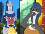 big_breasts black_eyes blue_hair blush breasts brown_body brown_fur city cityscape clothing collar dra&#039;essa draako dragon dress female feretta fur grey_body grey_skin hair hi_res larger_female meeka_rose mis&#039;alia mythological_creature mythological_scalie mythology nyo_la_nixan_(character) pink_eyes pink_hair proposal scalie silver_skin size_difference smaller_female white_body white_fur white_hair white_skin yellow_eyes