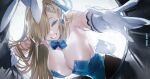  1girl animal_ear_hairband animal_ears asuna_(blue_archive) asuna_(bunny)_(blue_archive) bare_shoulders black_pantyhose blonde_hair blue_archive blue_bow blue_eyes blue_halo blue_leotard blue_ribbon bow breasts cleavage detached_collar fake_animal_ears fake_tail gloves grin hair_over_one_eye hair_ribbon hairband halo highres large_breasts leotard long_hair looking_at_viewer mole mole_on_breast official_alternate_costume pantyhose rabbit_ear_hairband rabbit_ears rabbit_tail ribbon smile solo strapless strapless_leotard tail vvv_rendez white_gloves white_hairband 