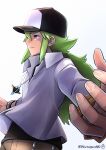 1boy absurdres baseball_cap black_hat black_shirt bracelet brown_pants collared_shirt commentary_request from_side green_eyes green_hair hair_between_eyes hat highres jewelry long_hair long_sleeves male_focus n_(pokemon) necklace outstretched_arms pants parted_lips partial_commentary pokemon pokemon_bw shirt signature simple_background solo spread_arms twitter_username two-tone_hat undershirt upper_body watagashikn white_background white_hat white_shirt 