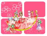  6+girls blush cirno colored_pencil_(medium) eating food fruit group_picture h1watar1 hakurei_reimu holding holding_food holding_fruit kagiyama_hina kawashiro_nitori kirisame_marisa kochiya_sanae looking_at_another multiple_girls on_floor oversized_food oversized_object pink_background remilia_scarlet sitting sitting_on_object smile touhou traditional_media watermelon 