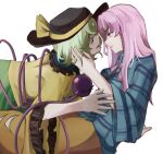  2girls black_hat bow bowtie expressionless eyeball frilled_shirt_collar frilled_sleeves frills green_eyes green_hair green_skirt hand_on_another&#039;s_face hat hat_ribbon hata_no_kokoro highres im_mo komeiji_koishi multiple_girls orange_skirt pink_eyes pink_hair plaid_clothes plaid_shirt purple_bow purple_bowtie ribbon shirt skirt third_eye touhou white_background wide_sleeves yellow_ribbon yellow_shirt yuri 