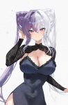  1girl absurdres alternate_costume azur_lane black_dress blue_eyes blush breasts cleavage collarbone commentary_request cone_hair_bun covered_navel double_bun dress earrings floral_print floral_print_dress glint gurami_(zangizarang) hair_between_eyes hair_bun hair_intakes hand_in_own_hair hand_up highres jewelry korean_commentary large_breasts light_particles long_hair long_sleeves looking_at_viewer multicolored_hair open_mouth print_dress purple_hair side_slit simple_background smile solo split-color_hair standing twintails two-tone_hair very_long_hair white_background white_hair ying_swei_(azur_lane) 
