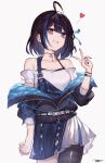  1girl ahoge bare_shoulders belt black_hair black_jacket black_nails black_pantyhose blue_hair blue_jacket blue_overalls blue_ribbon bracelet breasts commentary_request cowboy_shot earrings grey_eyes grin hair_ribbon heart highres indie_virtual_youtuber jacket jewelry jun_wei looking_at_viewer medium_breasts mole mole_under_eye multicolored_hair multicolored_jacket nail_polish necklace off-shoulder_shirt off_shoulder overalls pantyhose pleated_skirt quilted_jacket ribbon shirt short_hair signature simple_background single_leg_pantyhose skirt smile solo standing streaked_hair suspenders two-sided_fabric two-sided_jacket two-tone_hair two-tone_jacket v very_long_fingernails virtual_youtuber white_background white_belt white_shirt white_skirt yubari_rei 