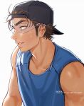  1boy ace_of_diamond alternate_costume alternate_skin_color artist_name backwards_hat baseball_cap black_hat blue_tank_top brown_hair closed_mouth collarbone commentary dark-skinned_male dark_skin from_side goggles hat lips male_focus miyuki_kazuya nose nume_x short_hair simple_background solo sweat tan tank_top teeth upper_body veins veiny_arms white_background yellow_eyes 