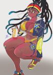  1girl bandaid bandaid_on_face bandaid_on_knee bandaid_on_leg bikini breasts cleavage cropped_jacket dreadlocks earbuds earphones fingerless_gloves gloves headband highleg highleg_bikini hiroshi_mono jacket kimberly_jackson large_breasts multicolored_headband official_alternate_costume official_alternate_hairstyle solo spray_can sticker_on_face sticker_on_neck street_fighter street_fighter_6 swimsuit thigh_strap walkman yellow_bikini 