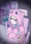  1girl absurdres alternate_costume ame-chan_(needy_girl_overdose) animal_costume animal_hood blonde_hair blue_eyes blue_hair blunt_bangs can chair character_doll character_figure chouzetsusaikawa_tenshi-chan closed_mouth computer computer_keyboard doll drink_can emoji figure gradient_hair highres hood hood_up hoodie indoors long_hair monitor monster_energy multicolored_hair needy_girl_overdose on_chair pien_cat_(needy_girl_overdose) pink_hair pink_hoodie pleading_face_emoji ushioreo watching 