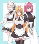  3girls ;d absurdres alternate_costume apron arato_hisako ascot black_ascot black_dress black_ribbon black_thighhighs blonde_hair breasts cleavage dress enmaided frilled_apron frilled_dress frills grey_hair highres large_breasts maid maid_headdress multiple_girls nakiri_alice nakiri_erina neck_ribbon one_eye_closed pink_eyes pink_hair red_eyes revision ribbon shokugeki_no_souma short_hair smile teeth thighhighs toy-black upper_teeth_only waist_apron white_apron white_thighhighs zettai_ryouiki 
