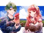  1boy 1girl alm_(fire_emblem) alm_(valentine)_(fire_emblem) bandana bird blue_bandana celica_(fire_emblem) celica_(valentine)_(fire_emblem) chicken couple creyton dress fence fire_emblem fire_emblem_echoes:_shadows_of_valentia fire_emblem_heroes flower grass green_eyes green_hair hair_flower hair_ornament hetero highres jewelry long_hair necklace official_alternate_costume orange_eyes orange_hair prince princess red_eyes red_hair short_hair sky white_dress 