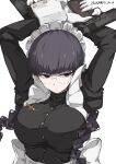  1girl absurdres arms_up artist_name black_hair black_lagoon braid breasts closed_mouth commentary_request cross cross_necklace dual_wielding expressionless finger_on_trigger glasses gloves gun handgun highres holding jewelry long_hair m1911 maid maid_headdress necklace roberta_(black_lagoon) simple_background solo twin_braids twitter_username upper_body weapon white_background white_gloves white_gorilla_(okamoto) white_headdress 