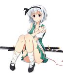  bad_id bad_pixiv_id black_hairband blush breasts cleavage collarbone hairband highres konpaku_youmu liking medium_breasts panties red_eyes scabbard sheath sheathed short_hair silver_hair simple_background skirt skirt_tug solo sweatdrop sword torn_clothes touhou underwear weapon white_background white_panties 